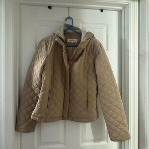 Calvin Klein Quilted Hooded Coat in Beige